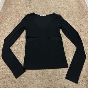 Joah Brown Fitted Ribbed Cutout Long Sleeve Tee Solid Black Top Size XS/S